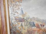 a picture of a painting of a church on a hill