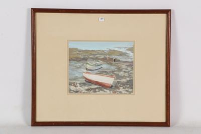 une image d'un tableau représentant un bateau sur la plage