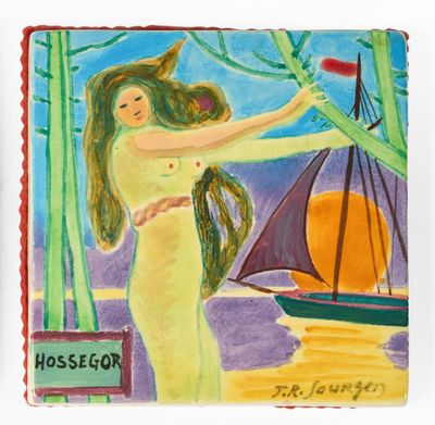 un tableau représentant une femme en robe jaune tenant un voilier