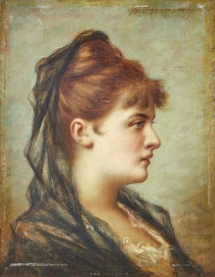 un tableau représentant une femme portant un voile sur la tête