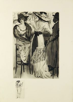 dessin représentant une femme en robe et un homme coiffé d'un chapeau