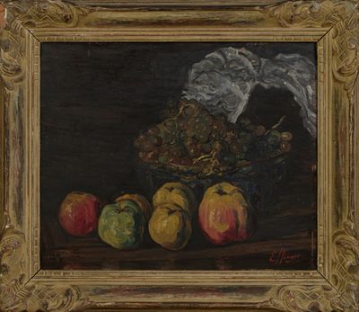 tableau représentant une nature morte composée de pommes, de poires et d'un poteau à fumée