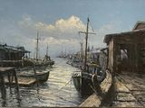 une peinture représentant une scène portuaire avec des bateaux dans l'eau