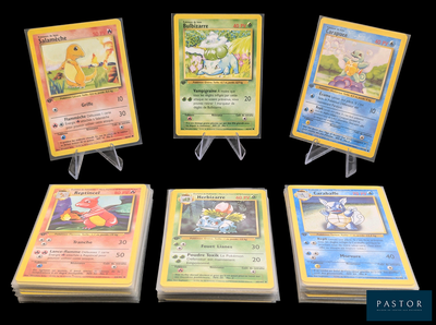 Six cartes Pokémon sont présentées en rangée sur un fond noir.