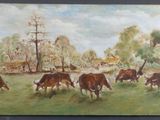 un tableau représentant des vaches paissant dans un champ, avec un moulin à vent en arrière-plan