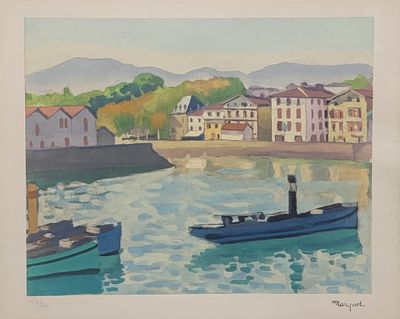 a painting of two boats in the water near a town