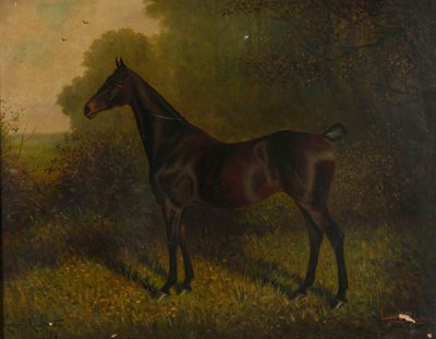painting of a brown horse standing in a field with trees in the background