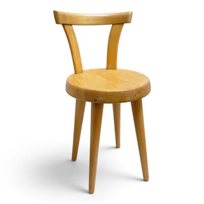 wooden chair with bent legs and a wooden seat on a white background