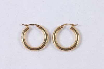 a pair of gold hoop earrings on a white background