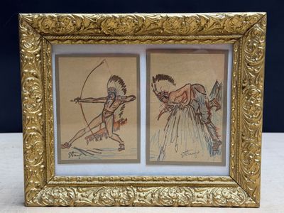 two framed drawings of a man and a woman with bows and arrows