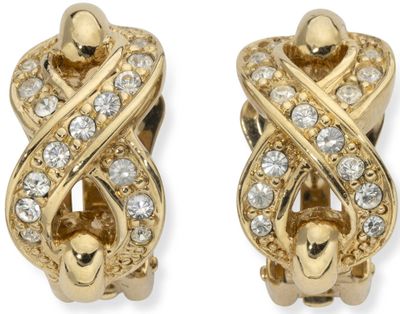 a pair of gold tone earrings with crystal stones on them