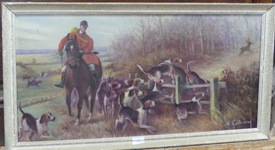 a picture of a painting of a man on a horse with dogs