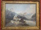 une peinture à l'huile représentant une maison dans un paysage enneigé