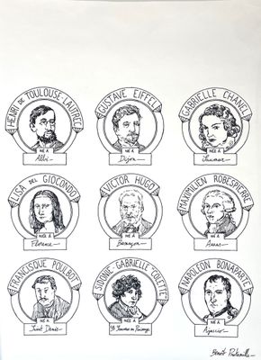 dessin représentant un ensemble de portraits de personnes dont les noms sont indiqués