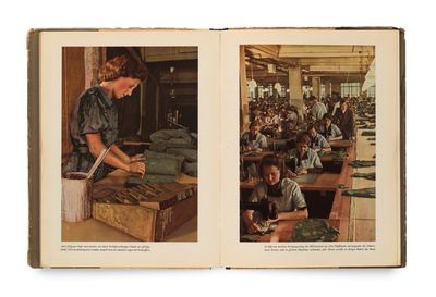 an open book with two pictures of a woman working in a factory