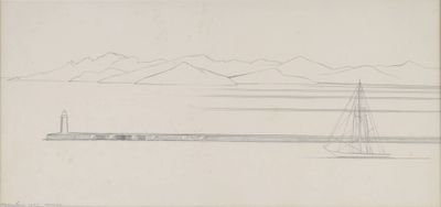 une illustration représentant un bateau sur un plan d'eau, avec des montagnes en arrière-plan