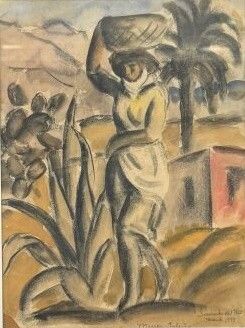 une image représentant un tableau où l'on voit une femme portant un panier sur la tête