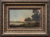 an oil painting of a landscape with trees and a river