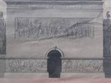 un dessin représentant un homme debout devant un monument