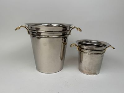 two silverplated ice buckets with handles and handles