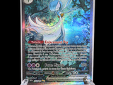 a close up of a pokemon card on a stand on a black background