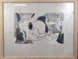a black and white drawing of a woman laying on a bed