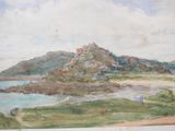 a picture of a painting of a mountain and a body of water