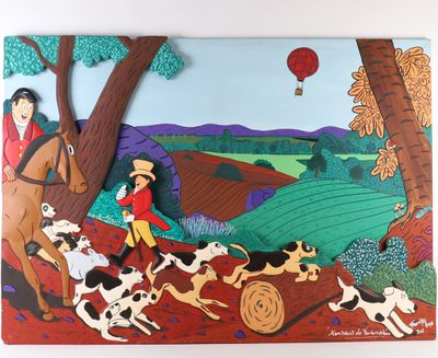 une photo d'un tableau représentant un homme à cheval accompagné de chiens
