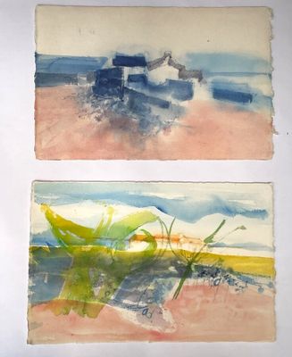deux aquarelles représentant un bateau sur la plage