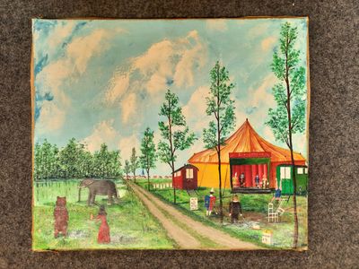 a painting of an elephant in a field next to a house