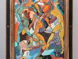 une peinture à l'huile posée sur un chevalet, représentant un homme et une femme