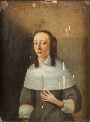 an old painting of a woman in a black dress with a white collar