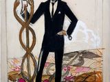 painting of a man in a tuxedo holding a staff and a snake