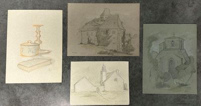 quatre dessins représentant une église, un clocher et une église