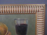 a painting of a glass of wine next to a bowl of fruit