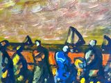 an oil painting of a group of people walking in a field