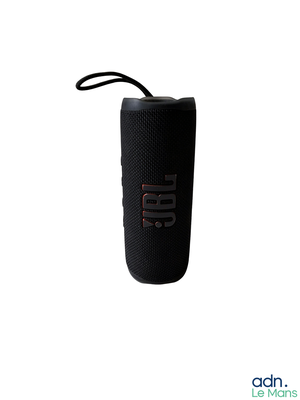 a black speaker with a red logo on it