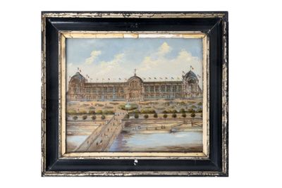 tableau représentant un grand bâtiment avec une tour horloge en son centre