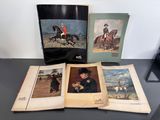 trois livres posés sur une table, avec des images de chevaux et de jockeys