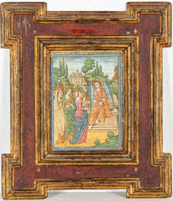 painting of the baptism of jesus in a wooden frame on a white wall