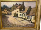 a painting of a street in a village with buildings