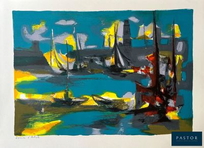 un tableau représentant des voiliers sur l'eau, près du rivage