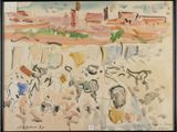 une aquarelle représentant un groupe de personnes sur une plage