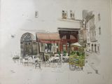 un dessin représentant une scène de rue avec des tables et des chaises