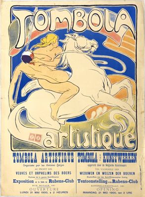une vieille affiche représentant une femme à cheval, avec un homme sur le dos