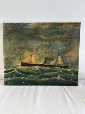 une vieille peinture représentant un bateau en mer sur un fond blanc