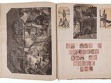 an open book with pictures of people and animals on it