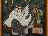 an image of a painting of a white bird with a red beak