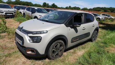 une petite voiture blanche garée dans un champ d'herbe