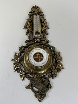 Thermomètre baromètre anéroïde en bronze doré et ajouré à dé… - Photo 1
